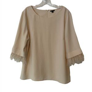 Ann Taylor Blouse Feathers Sleeves Size 14 Beige Round Neck Long Sleeve B1313